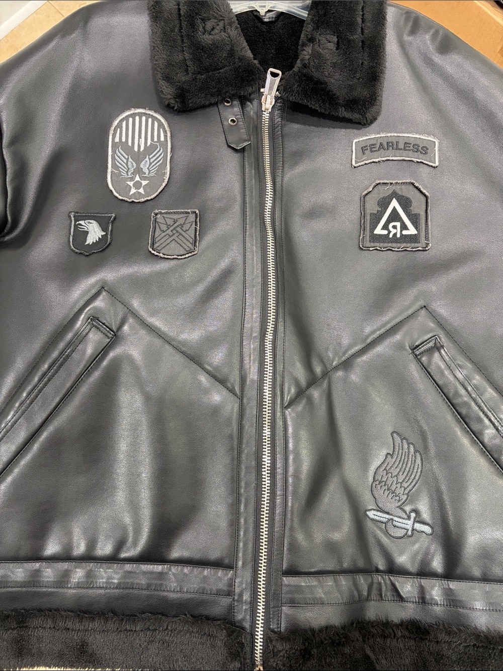 Reason Black Faux Leather Bomber Jacket with Patch Details